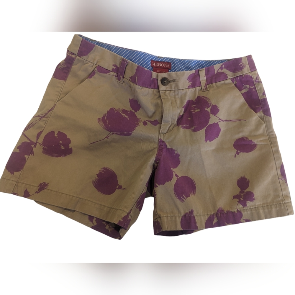 Merona women's shorts. Size 10. Tan with purple motif